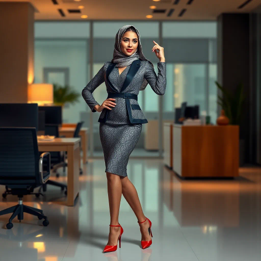 Arab woman, elegant hijab, professional setting, modern workplace, high heels, Middle Eastern culture, contemporary art, intricate patterns, vibrant colors, soft lighting, dynamic pose, cultural expression, delicate fabrics, office environment, confident demeanor, sophisticated fashion, grace and poise, diverse representation, cultural fusion, empowerment, modernism, Impressionism influences, human form, balance and harmony, Jean-Michel Basquiat inspiration, vibrant brushstrokes, Henri Matisse color palette, delicate textures, fluid movement, artistic elegance, cultural symbolism, refined composition, elegance and sophistication, bold patterns