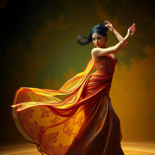 elegant, mysterious, Middle Eastern influences, captivating curves, vibrant textiles, Henri Matisse, fluid movement, warm desert hues, intricate patterns, sensual elegance, cultural richness, oriental beauty, shimmering fabrics, traditional dance, golden accents, bold and confident, atmospheric lighting, lively expression, full view, dynamic pose, textile art, contemporary fusion
