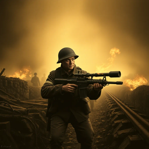 WW1 soldier, flamethrower, trench warfare, historical realism, Edwardian era, dramatic lighting, chiaroscuro, intense atmosphere, destruction, gritty textures, sepia tones, military gear, smoke and fire, dynamic composition, heroism and fear, Art Nouveau influence, battlefield chaos, soldier's perspective, detailed uniforms, historical context, emotional struggle, war-torn landscape, tension and movement, artistic storytelling, powerful symbolism