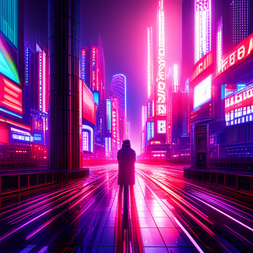 neon lights, glitch, cyberpunk, dystopian future, digital manipulation, code, artificial intelligence, singularity, futuristic technology, matrix, programming, chaos