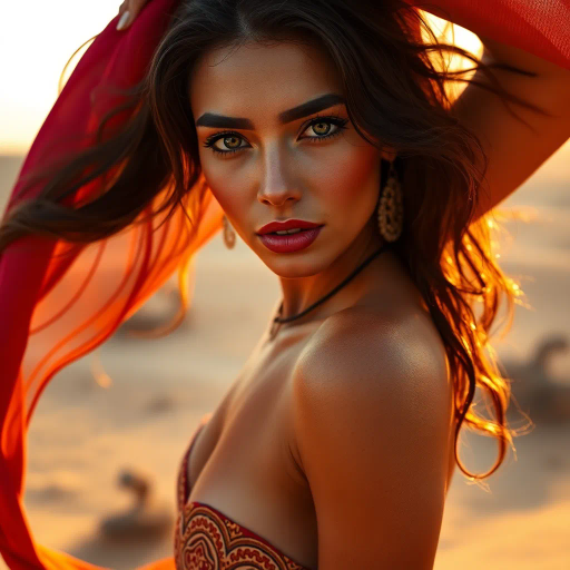 captivating allure, Arab beauty, bikini attire, Henri Matisse-inspired, modern elegance, desert oasis backdrop, golden hour lighting, vibrant colors, intricate patterns, delicate textures, sun-kissed skin, exotic allure, cultural richness, flowing lines, sensual movement, warm tones, harmonious composition, romantic ambiance, visual poetry, timeless grace, artistic expression, enchanting aura, seductive composition, ethereal mood, desert mirage, exotic elegance, artistic flair, Arabic cultural motifs, romantic expression, visual poetry