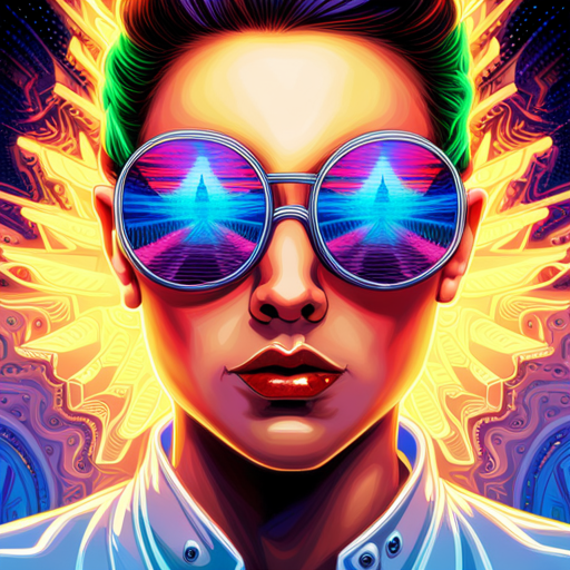 futuristic, sunglasses, Burning Man, cyberpunk, neon lights, retrofuturistic, post-apocalyptic, dystopian, rave culture, synthetic materials, distortion, reflection, augmented reality, fusion, biomechanical, glitch art, electric,