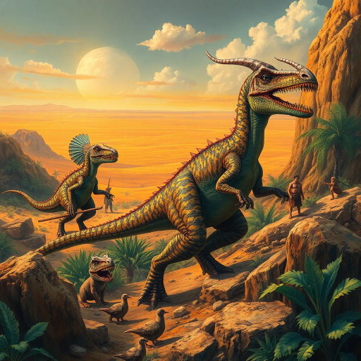 prehistoric figures, rugged textures, Casuarius dinosaur hybrids, vibrant oasis, distant desert horizon, tribal influences, Rousseau, surrealism, warm earthy tones, dynamic movement, mythical creatures, lush flora, intricate details, playful narrative, ethereal lighting, atmospheric depth, adventure, otherworldly landscape, juxtaposition of antiquity and fantasy, bold contrasts, symbolic narrative, exploration of wilderness