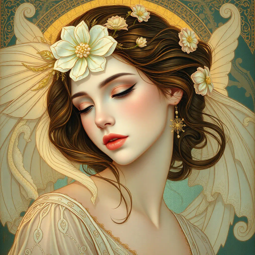 ethereal girl, by alphonse mucha, art nouveau, whimsical elegance, soft lighting, intricate details, pastel colors, flowing textures, delicate features, serene expression, dreamlike atmosphere, ornate composition, organic forms, harmonious blend, modern fantasy, gentle curves, visual poetry, timeless beauty, surreal elements, intricate ornamentation, calming mood, fluid dynamics, cultural grace, immersive experience, emotionally evocative, vibrant brushwork, enigmatic persona