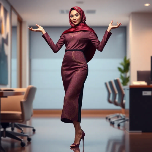 Arab woman, elegant hijab, professional setting, modern workplace, high heels, Middle Eastern culture, contemporary art, intricate patterns, vibrant colors, soft lighting, dynamic pose, cultural expression, delicate fabrics, office environment, confident demeanor, sophisticated fashion, grace and poise, diverse representation, cultural fusion, empowerment, modernism, Impressionism influences, human form, balance and harmony, Jean-Michel Basquiat inspiration, vibrant brushstrokes, Henri Matisse color palette, delicate textures, fluid movement, artistic elegance, cultural symbolism, refined composition, elegance and sophistication, bold patterns