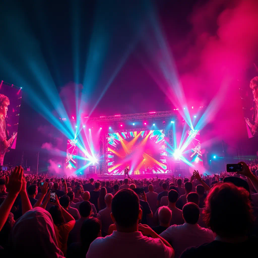 dynamic vista, music concert, audience perspective, vibrant energy, neon lighting, sound waves, rhythmic movement, contemporary era, exhilaration, atmospheric haze, kaleidoscope of colors, grand stage, pulsating beats, immersive soundscape, electric guitars, iconic band, powerful vocals, immersive experience, sweeping composition, energetic ambiance, cultural synergy, visual harmony, sensory overload, modern festival, exuberant concertgoers, large scale production