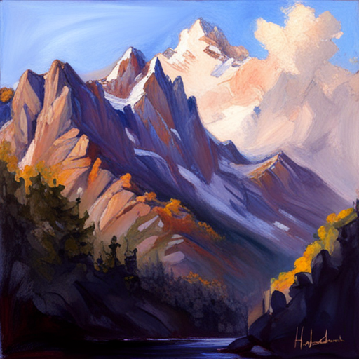 majestic peaks, rugged terrain, atmospheric perspective, muted colors, Impressionism, Hudson River School, light and shadow, texture, acrylic paint, naturalism, serenity, grandeur, scale, plein air, rocky outcroppings, dramatic sky, asymmetry, depth, soft brushstrokes, tranquility