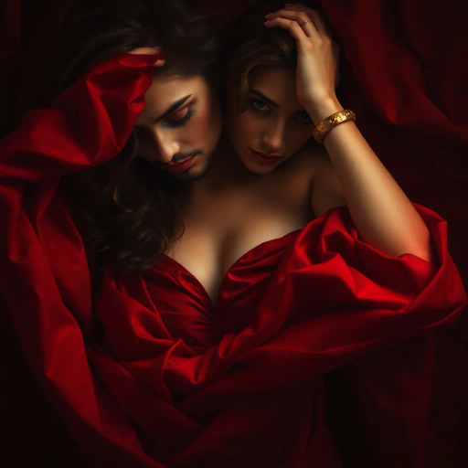 sensual elegance, provocative allure, Caravaggio influences, chiaroscuro lighting, intimate gaze, flowing fabric, deep crimson tones, baroque drama, luxurious textures, soft focus, ethereal glow, seductive atmosphere, artistic expression, passionate composition, Renaissance inspiration, tantalizing details, emotional depth, warm and inviting, classical sensuality
