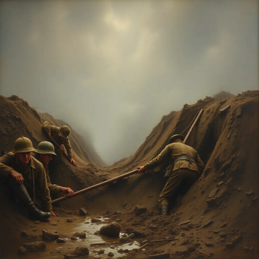 ww1 soldiers, muddy shell hole, realism, somber tones, muted palette, historical accuracy, dramatic lighting, Claude Monet, trench warfare, earth tones, texture of mud, emotional tension, battlefield chaos, early 20th century, perspective of conflict, chiaroscuro, expressive brushstrokes, mood of despair, Impressionist influences, focus on human struggle, atmospheric depth, intricate detail, war narrative, composition of tension, foggy background, symbolism of futility, cultural impact of war