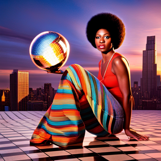 warm, vintage, film grain, retro, nostalgia, disco, funk, groovy, bellbottoms, platform shoes, afros, earth tones, sunsets, dance floor, vinyl records, disco ball