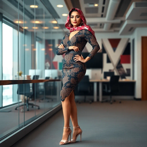 Arab woman, elegant hijab, professional setting, modern workplace, high heels, Middle Eastern culture, contemporary art, intricate patterns, vibrant colors, soft lighting, dynamic pose, cultural expression, delicate fabrics, office environment, confident demeanor, sophisticated fashion, grace and poise, diverse representation, cultural fusion, empowerment, modernism, Impressionism influences, human form, balance and harmony, Jean-Michel Basquiat inspiration, vibrant brushstrokes, Henri Matisse color palette, delicate textures, fluid movement, artistic elegance, cultural symbolism, refined composition, elegance and sophistication, bold patterns