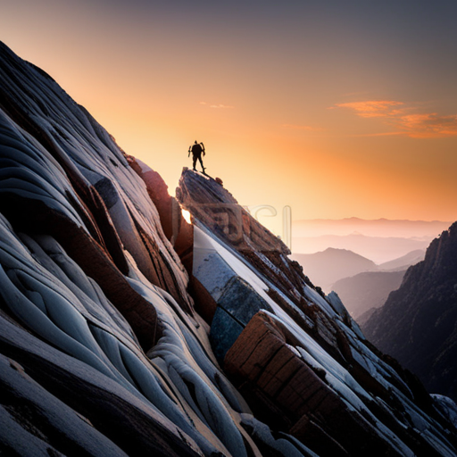 perilous ascent, rugged terrain, daunting challenge, climbers overcoming obstacles, dramatic landscape, intense determination, tension, adversity, achievement, scaling heights, fearless exploration, breathtaking views, epic journey, human triumph over nature's harsh realities
