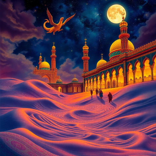 Arabian nights, mystical desert, swirling sands, intricate patterns, vibrant textiles, oriental architecture, golden domes, minarets, starry sky, shadow play, moonlit ambiance, caravans, spices, ancient lore, exotic, vibrant colors, rich cultural tapestry, storytelling tradition, mythical creatures, Lawrence Alma-Tadema, Ivan Bilibin, enigmatic aura, fantasy storytelling, historical references, lush textures, enchanting atmosphere, intricate mosaics, spiritual symbols, ethereal glow, cultural richness, fantasy art, vibrant storytelling, luxurious fabrics, intricate geometry, ambient light, opulence, night journey, otherworldly beauty, art nouveau, arabesque