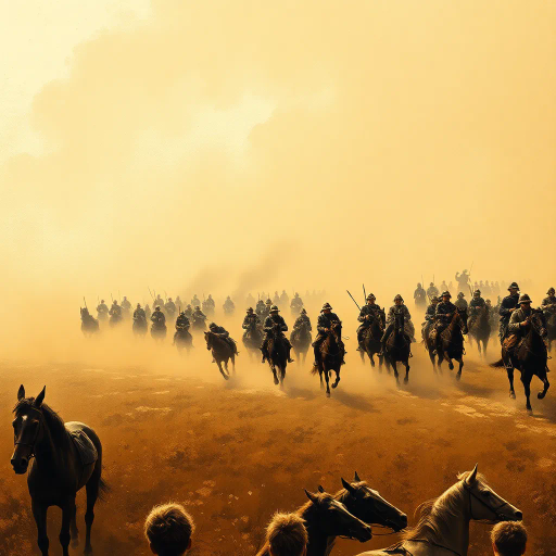 epic battlefield, World War I cavalry charge, Claude Monet, impressionist brushwork, dynamic motion, sepia tones, early 20th century, dramatic lighting, atmospheric perspective, intense emotions, historical accuracy, cavalry horses, military uniforms, dust rising, sense of urgency, layered composition, vintage palette, historical drama, narrative storytelling, vivid action, poignant nostalgia