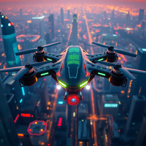 futuristic drone, sleek design, intricate circuitry, neon lights, cyberpunk aesthetic, atmospheric glow, advanced robotics, high-tech machinery, cinematic lighting, vibrant color palette, dynamic angles, cybernetic influences, Syd Mead inspiration, urban skyline backdrop, aerial perspective, ultra-modern, precision engineering, electric blue and neon green, technological marvel, symmetrical composition, visionary design, cutting-edge innovation, science fiction, speed and agility, cityscape reflections, futuristic landscape, digital era influence, engineering brilliance, ambient lighting