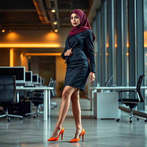 elegant Arab woman, professional attire, hijab, modern workplace, high heels, contrasting cultural fusion, vibrant Middle Eastern influences, contemporary art style, dynamic composition, intricate patterns, vibrant color palette, soft ambient lighting, dynamic posing, cultural expression, delicate textiles, confident and empowering presence, grace, poise, diverse representation, fusion of modern and traditional elements, Impressionism influences, human form depiction, advanced digital techniques, refined textures, bold symbolism, artistic influences, balance, harmony, surreal lighting, empowered femininity, Gustav Klimt inspiration, Art Nouveau elegance, intricate detailing, cultural narrative, sophisticated sophistication, modernism, representation and empowerment