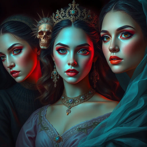 Renaissance elegance, vibrant color palette, ethereal glow, intricate patterns, dynamic composition, evocative expressions, emotional depth, surreal undertones, chiaroscuro lighting, delicate brushstrokes, Da Vinci inspiration, modern twist, mystical ambiance, flowing fabrics, cultural diversity, timeless beauty, portraiture mastery, soft gradient, mythical allure, sophisticated detailing