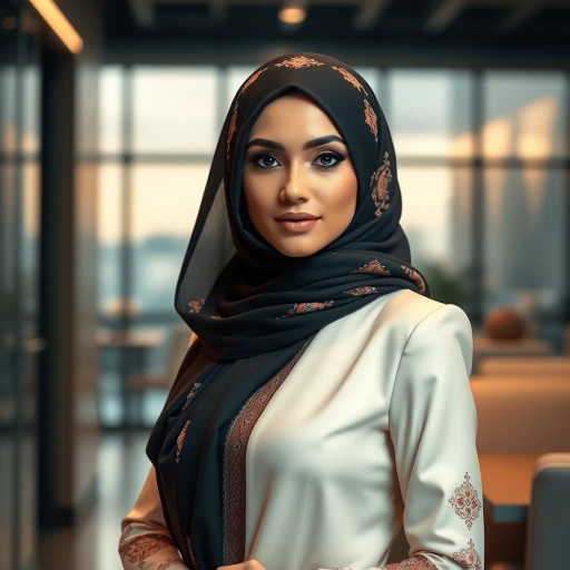 Arab woman, elegant hijab, professional setting, modern workplace, high heels, Middle Eastern culture, contemporary art, intricate patterns, vibrant colors, soft lighting, dynamic pose, cultural expression, delicate fabrics, office environment, confident demeanor, sophisticated fashion, grace and poise, diverse representation, cultural fusion, empowerment, modernism, Impressionism influences, human form, balance and harmony, Jean-Michel Basquiat inspiration, vibrant brushstrokes, Henri Matisse color palette, delicate textures, fluid movement, artistic elegance, cultural symbolism, refined composition, elegance and sophistication, bold patterns