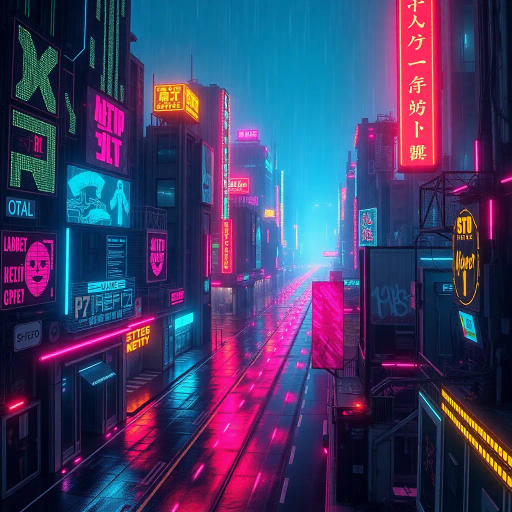 cybernetic landscape, illuminated by neon glow, digital coding patterns, futuristic metropolis, dynamic energy, shadows and light play, vibrant electric hues, retro-futurism, hacker culture, dystopian elements, intricate circuitry, neon graffiti, technological surfaces, sleek modernity, digital rebellion, cybernetic organisms, glowing cityscape, surreal abstraction, rain-soaked streets, Blade Runner influence, digital liberation, subversive undertones, visual complexity, high-contrast environments, digital anonymity, thematic depth