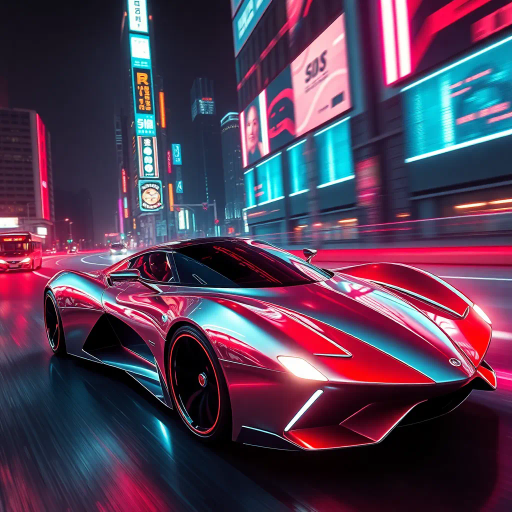 sleek futuristic automobile, inspired by Syd Mead, cybernetic aesthetic, dynamic movement, vibrant neon lights, high contrast shadows, aerodynamic curves, metallic and glossy textures, immersive depth, innovative design, urban landscape backdrop, night setting, bold color palette, capturing speed and energy, seamless integration, avant-garde, technological elegance, dramatic angles, expansive composition