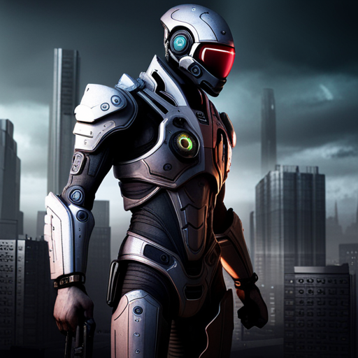 cybernetic enhancements, futuristic weapons, artificial intelligence, post-apocalyptic wasteland, mechanical limbs, digital implants, high-tech armor, cyberpunk aesthetics, dystopian society