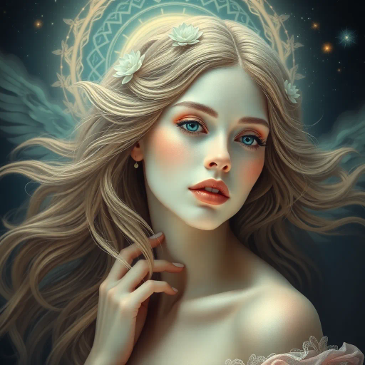 ethereal goddess, mystical atmosphere, Renaissance-inspired, chiaroscuro lighting, luminous skin, serene expression, vibrant pastels, intricate patterns, delicate textures, alluring presence, surreal elements, flowing hair, transcendent beauty, dreamlike composition, hyper-realistic detail, symbolism of purity, divine femininity, celestial backdrop, elegant curves, tender grace, art nouveau influences