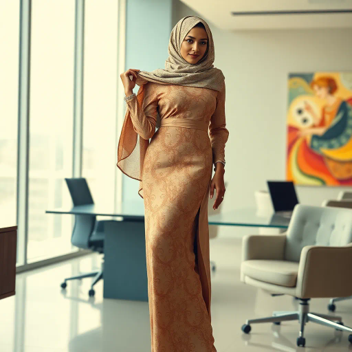 Arab woman, elegant hijab, professional setting, modern workplace, high heels, Middle Eastern culture, contemporary art, intricate patterns, vibrant colors, soft lighting, dynamic pose, cultural expression, delicate fabrics, office environment, confident demeanor, sophisticated fashion, grace and poise, diverse representation, cultural fusion, empowerment, modernism, Impressionism influences, human form, balance and harmony, Gustav Klimt, vibrant hues, Henri Matisse, delicate textures, elegant and dynamic composition, cultural depth, modern elegance, empowerment and identity, fine art techniques, impressionistic brushwork, fluid lines, soft gradients, modern cultural narrative, complex interplay of tradition and modernity, layered symbolism, artistic dialogue