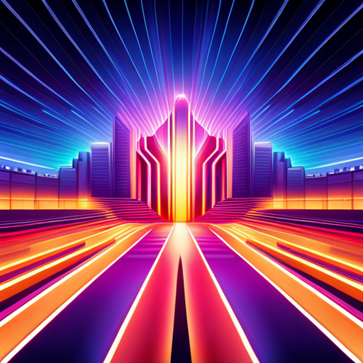 retro-futurism, abstract, vector, geometric-shapes, retro-styles, 80s, neon-lights, sci-fi, futuristic, angular-movement, interlocking-patterns, vibrant-colors, parallel-lines, repeating-shapes, vibrant-glow, minimalism, symmetry