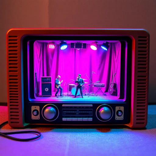 vintage radio, miniature concert scene, performing band, stage performance, vibrant spotlights, pink blue purple lighting, retro-futurism, surreal composition, mid-century design, nostalgic vibe, neon glow, dynamic movement, artistic expression, framed scene, intricate details, cultural resonance, lively atmosphere, textured materials, symbolic presentation, whimsical imagination, immersive experience, hybrid technology, juxtaposition, nostalgic era, animated storytelling, visual spectacle, ambient energy, Salvador Dali influence, 1960s aesthetic, colorful tapestry, atmospheric perspective, kinetic energy, Bauhaus elements, multimedia installation, abstraction, captivating aura