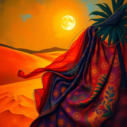 Arabian nights, vibrant colors, intricate patterns, gold accents, Henri Matisse, warm desert tones, graceful movement, rich textiles, cultural tapestry, surrealism, exotic elegance, moonlit sands, flowing fabrics, mystical allure, contemporary interpretation, shimmering heat, lush oasis, dynamic composition, sensual poise, atmospheric glow, dreamlike ambience