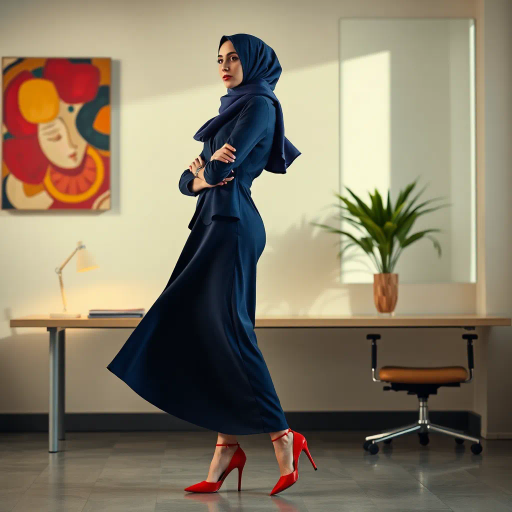 Arab woman, elegant hijab, professional setting, modern workplace, high heels, Middle Eastern culture, contemporary art, intricate patterns, vibrant colors, soft lighting, dynamic pose, cultural expression, delicate fabrics, office environment, confident demeanor, sophisticated fashion, grace and poise, diverse representation, cultural fusion, empowerment, modernism, Impressionism influences, human form, balance and harmony, Jean-Michel Basquiat inspiration, vibrant brushstrokes, Henri Matisse color palette, delicate textures, fluid movement, artistic elegance, cultural symbolism, refined composition, elegance and sophistication, bold patterns