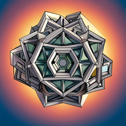 Vector art, polyhedral shapes, abstract composition, robotic subject matter, small scale