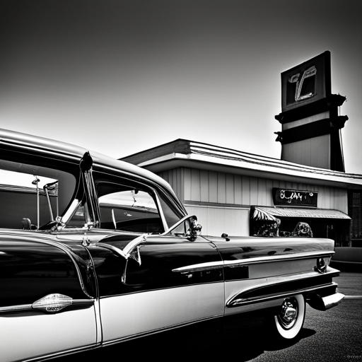 vintage automobiles, mid-century modern design, chrome accents, sleek lines, tailfins, American muscle, leather interiors, drive-in theaters, Route 66, glamorous Hollywood stars, black and white photographs, road trips, gas guzzlers, nostalgia, 50's era, fins, Detroit, classic lines, iconic, retro, horsepower, tail lights, shiny, car shows, collectors, restored, speed, history, craftsmanship