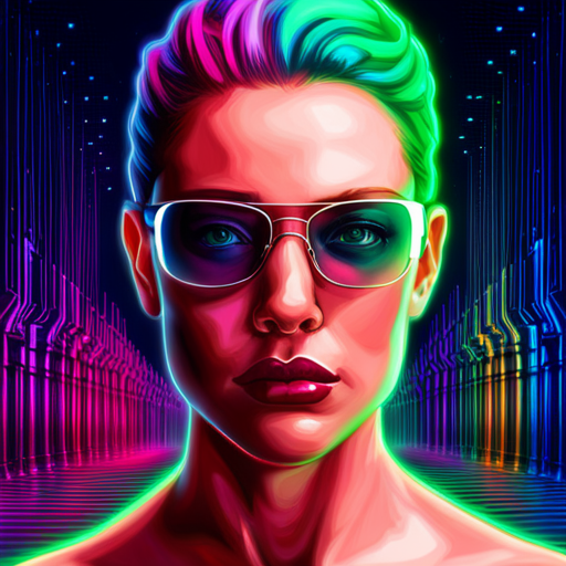 glitchy, neon, futuristic, augmented reality, metallic accents, cyberpunk, distorted, edgy
