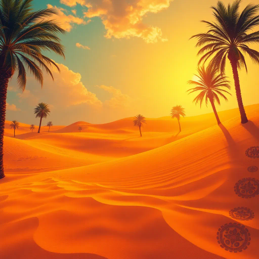 Serene, desert landscape, flowing sands, vibrant, Middle-Eastern motifs, intricate, arabesque patterns, striking color palette, azure skies, golden sands, gently swaying palms, cultural fusion, Henri Rousseau, Henri Matisse, warm lighting, dreamlike, mystical atmosphere, immersive perspective, delicate fabrics, flowing lines, vibrant details, elegance, grace, dynamic composition, tranquil ambiance, sunlit scene, artistic synthesis, exotic, bold textures, ornate, symbolism, lush, art nouveau, ethereal