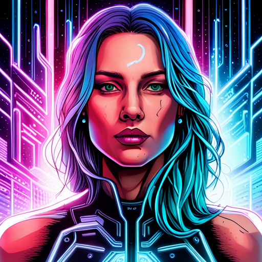 neon colors, cyborgs, post-apocalyptic, futuristic machinery, AI technology, dystopian landscapes, cyber terrorism, human augmentation, genetic engineering, biomechanics, military strategy, nano-technology, sentient AI, artificial neural networks, robotic prosthetics, digital artistry