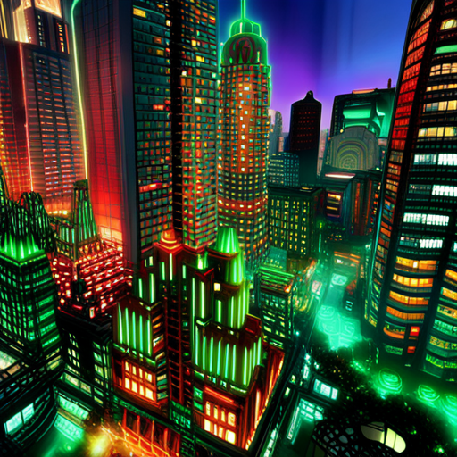 futuristic, sci-fi, city, nature, victory, rebellion, cyberpunk, neon lights, skyscrapers, lush greenery, advanced technology, environmental harmony, bright colors, towering skyscrapers, cybernetic enhancements, luminous signs, resilient heroes, urban jungle, sustainable ecosystem, digital age, utopian ideals, vibrant colors, futuristic architecture, futuristic society, futuristic battles, contrast, futuristic vehicles, organic vs artificial, peaceful coexistence, post-apocalyptic remnants, glowing cityscape, innovative design, sustainability, futuristic landscapes