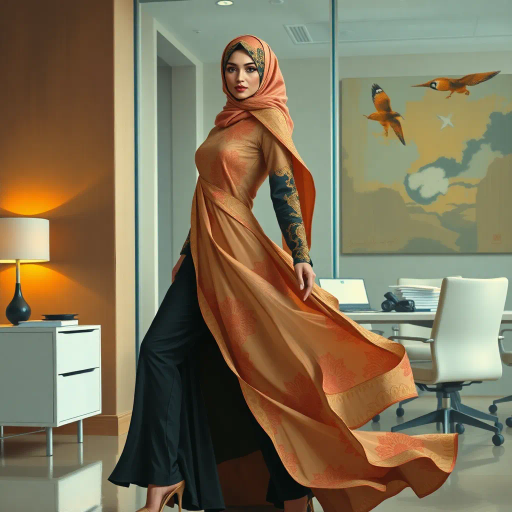 Arab woman, elegant hijab, professional setting, modern workplace, high heels, Middle Eastern culture, contemporary art, intricate patterns, vibrant colors, soft lighting, dynamic pose, cultural expression, delicate fabrics, office environment, confident demeanor, sophisticated fashion, grace and poise, diverse representation, cultural fusion, empowerment, modernism, Impressionism influences, human form, balance and harmony, Claude Monet, vibrant brushwork, ethereal quality, warm color palette, elegance personified, soft textures, feminist undertone, bold yet soft hues, intricate detailing, social commentary, art nouveau influences, modern elegance, fluidity and movement, refined artistry