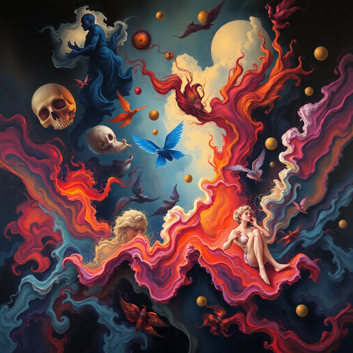 surreal abstraction, vibrant palette, emotional resonance, chiaroscuro lighting, fluidity, mysterious ambiance, evocative expression, intricate details, renaissance influence, dreamlike scenery, imaginative composition, dynamic figures, ethereal textures, narrative depth, symbolic elements, romantic tensions, modern interpretations, cultural reflections, layered meanings, contrasting hues, spatial exploration