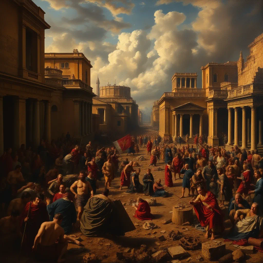 Visigoths, ancient Rome, chaotic cityscape, dramatic lighting, chiaroscuro, tumultuous emotions, historical drama, vivid storytelling, Alaric I, dark, somber tones, rubble and ruins, intricate detail, historical textiles, Renaissance influence, dynamic composition, expressive brushwork, historical artifacts, cultural collision, atmospheric tension, turbulent skies, Baroque intensity, rich textures, epic scale, classical architecture, aura of desolation, historical narrative, monumental scale, layers of history, pathos and loss