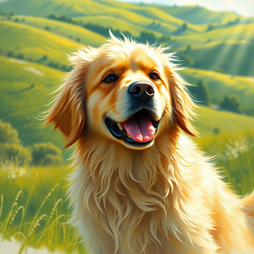 fluffy golden retriever, joyful expression, sunlight streaming, vibrant greens, dynamic movement, rolling hills, Impressionist brushwork, John Singer Sargent, Thomas Kinkade inspiration, gentle breeze, pastel hues, detailed textures, contemporary realism, idyllic scenery, lifelike fur detail, rich textures, playful energy, golden radiance, natural setting, soft focus, atmospheric perspective, cheerful mood, nature's harmony, oil paint textures, emotive gaze, lively atmosphere, artistic tranquility, warm tones, lush background, idyllic and pastoral, friendly demeanor, morning dew