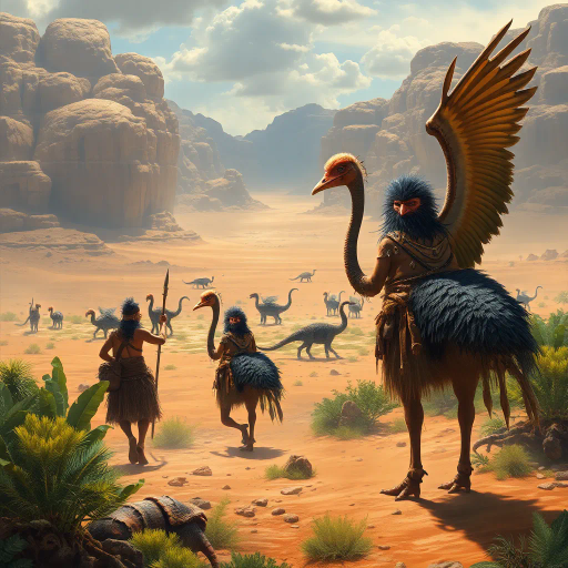 prehistoric warriors, animal skin outfits, cassowary riders, dinosaur-like creatures, desert oasis, vast desert landscape, fantasy realism, dramatic lighting, vibrant colors, lush greenery, exotic flora, ancient mythology, surreal scene, atmospheric perspective, dynamic movement, cultural symbolism, detailed textures, fantastical setting, adventurous mood, imaginative storytelling