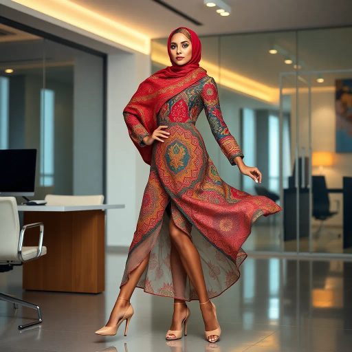 Arab woman, elegant hijab, professional setting, modern workplace, high heels, Middle Eastern culture, contemporary art, intricate patterns, vibrant colors, soft lighting, dynamic pose, cultural expression, delicate fabrics, office environment, confident demeanor, sophisticated fashion, grace and poise, diverse representation, cultural fusion, empowerment, modernism, Impressionism influences, human form, balance and harmony, Jean-Michel Basquiat inspiration, vibrant brushstrokes, Henri Matisse color palette, delicate textures, fluid movement, artistic elegance, cultural symbolism, refined composition, elegance and sophistication, bold patterns