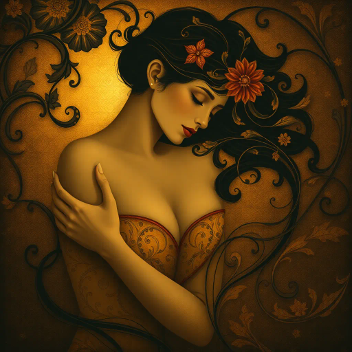 sensual elegance, Klimt-inspired motifs, romanticism, soft chiaroscuro, warm palette, intricate details, Art Nouveau curves, flowing lines, intimate ambiance, delicate ornamentation, emotional depth, graceful movement, timeless allure, ethereal textures, passionate symbolism, immersive composition, fine art, alluring harmony