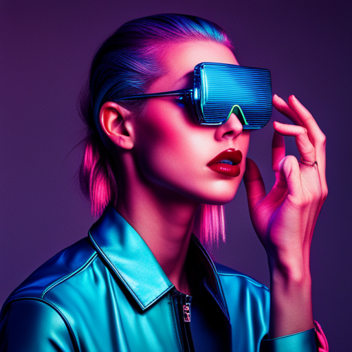 glitchy, neon, cyberpunk, reflective, futuristic, augmented reality, digital lens, metallic accents, edgy