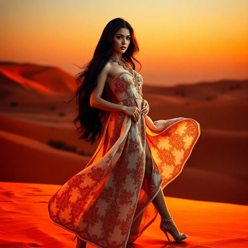 Arab beauty, modern elegance, Henri Matisse inspiration, Yves Saint Laurent influence, desert oasis backdrop, golden hour lighting, chiaroscuro, vibrant colors, warm earth tones, intricate patterns, luxurious textures, cultural richness, flowing lines, sensual movement, feminine power, refined grace, harmonious composition, romantic ambiance, visual poetry, timeless grace, artistic expression, enchanting aura, seductive composition, ethereal mood, desert mirage, exotic elegance, Arabic cultural motifs, artistic flair, elegant posture, professional setting, high heels, Middle Eastern influences, soft ambient lighting, dynamic perspective, sophisticated minimalism, textural contrast, contemporary realism, stylish composition, poised demeanor, artistic serenity