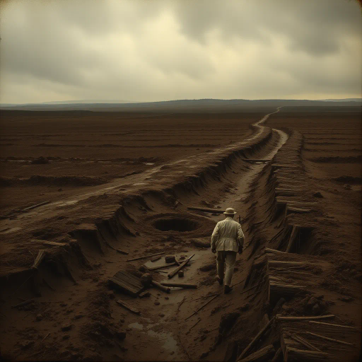 world war one, no man's land, desolate landscape, mud, craters, chaos, somber tones, war-torn, treacherous terrain, historical, dramatic lighting, overcast sky, danger, trench warfare, melancholy, John Singer Sargent, expressionism, horror of war, texture, depth, expansive, barren, erosion, destruction, earth tones, impactful, eerie stillness, battle-scarred land, vintage wartime, atmospheric perspective, emotional intensity