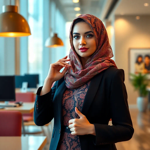 Arab woman, elegant hijab, professional setting, modern workplace, high heels, Middle Eastern culture, contemporary art, intricate patterns, vibrant colors, soft lighting, dynamic pose, cultural expression, delicate fabrics, office environment, confident demeanor, sophisticated fashion, grace and poise, diverse representation, cultural fusion, empowerment, modernism, Impressionism influences, human form, balance and harmony, Jean-Michel Basquiat inspiration, vibrant brushstrokes, Henri Matisse color palette, delicate textures, fluid movement, artistic elegance, cultural symbolism, refined composition, elegance and sophistication, bold patterns