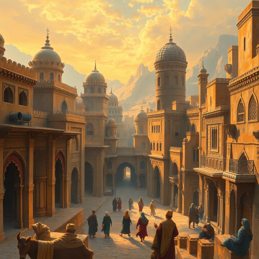 ancient Arab cityscape, intricate patterns, vibrant colors, mystical ambiance, golden hues, delicate arches, traditional attire, Middle Eastern desert, Frank Frazetta influences, storytelling architecture, soft shadow play, mythical atmosphere, timeless legends, romanticism era, rich textures, ornate detailing, spiritual essence, cultural tapestry, poetic symbolism, afternoon glow