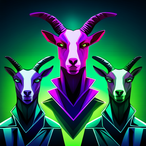 abstract, vector art, goats, robots, futuristic, neon, glitch art, geometric shapes, purple and green, cyberpunk style, surrealism